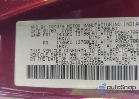 2003 Toyota Tundra Access Cab Sr5 z USA, uszkodzony, nr VIN 5TBRN341X3S378995